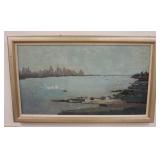 1111	S. MILLS OIL ON CANVAS HARBOR SCENE, 40 1/4 IN X 24 3/8 IN INCLUDING FRAME