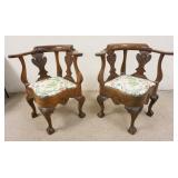 1129	PAIR OF ANTIQUE CARVED CORNER CHAIRS BALL & CLAW FEET. SHELL CARVING & CARVED SPLATS 18 IN W, 1