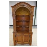 1130	2 PIECE CORNER CUPBOARD TOP HAS PAINTED SIMULATED SHELL BUTTERFLY SHELVES & REED COLUMN FRONT L