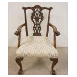 1137	BALL & CLAW FOOT CHIPPENDALE ARMCHAIR W/ NICELY CARVED SPLAT & UPHOLSTERED SEAT. 