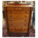 1145	ANTIQUE MAHOGANY HIGH CHEST HAS FULL FLUTED COLUMNS FLUTED FEET & CARVED PULLS. 40 IN WIDE, 51 