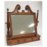 1146	2 DRAWER SHAVING MIRROR BROKEN ARCH TOP W/ LATTICE CARVING, FLUTED COLUMNS, BUN FEET. 27 IN W, 