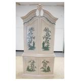 1156	CHINOISERIE DECORATED 2 PIECE CABINET 90 IN H, 43 IN W, 18 IN DEEP, HAS CARVED PLUME CREST