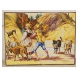 1158	12 HAND PAINTED TILES BY CERAMICS STA ANA SEVILLA FRAMED. TILES FORM A SCENE OF MAN WOMAN & ANI