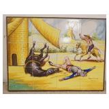 1159	12 HAND PAINTED TILES BY CERAMICS STA ANA SEVILLA FRAMED. TILES FORM A SCENE OF A KNIGHT THROWN