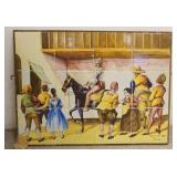 1161	12 HAND PAINTED TILES BY CERAMICS STA ANA SEVILLA FRAMED. TILES FORM A SCENE OF A GROUP OF PEOP