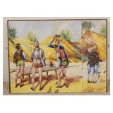 1163	12 HAND PAINTED TILES BY CERAMICS STA ANA SEVILLA FRAMED. TILES FORM A SCENE, DON QUIXOTE, BASE