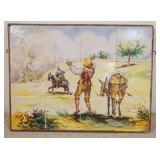 1164	12 HAND PAINTED TILES BY CERAMICS STA ANA SEVILLA FRAMED. TILES FORM A SCENE, DON QUIXOTE, 7  O