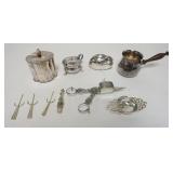 1173	LOT OF SMALL SILVERPLATED ITEMS INCLUDES A CANDLE SNUFFER, TEA STRAINER, COVERED MUSTARD W/ A B