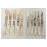 1177	10 MOTHER OF PEARL HANDLED KNIVES W/ STERLING SILVER COLLARS INCLUDES FIVE BUTTER KNIVES & FIVE