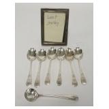 1179	LOT W/ LUNT STERLING SILVER FRAME & 6 DEMITASSE SPOONS & A SALT SPOON. SPOONS ARE SILVER PLATE.