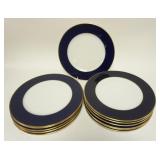 1208	SET OF 12 RICHARD GINORI 12 1/4 IN PLATES, COBALT BLUE & GOLD BORDERS