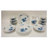 1209	24 PIECE ROYAL COPENHAGEN BLUE FLORAL DINNERWARE, PLATES ARE 10 IN, ALL ARE NUMBERED 10 + SHAPE