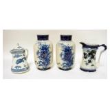1216	PPC BLUE DECORATED CHINA, BOOTHS COVERED PITCHER W/DRAGONS, PATENT #9780, PAIR OF BLUE FLORAL V