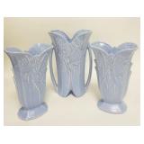 1226	3 MCCOY BLUE POTTERY VASES, LARGEST HAS SOME GLAZE LOSS ON THE RIM & IS 10 1/2 IN