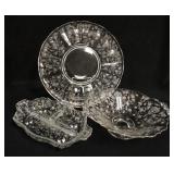 1231	3 PIECES OF CAMBRIDGE ROSEPOINT ELEGANT ETCHED DEPRESSION GLASS, LARGE PLATTER IS 14 1/4 IN