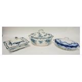 1237	3 BLUE DECORATED COVERED SERVING BOWLS, NAPIER 9 3/8 IN, CAULDON BWM & CO *STOCKHOLM* TUREEN & 