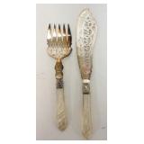 1238	ORNATE SERVING FORK & KNIFE, MOTHER OF PEARL HANDLES, LONGEST IS 13 IN