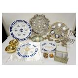 1245	LARGE LOT OF JUDAICA, SILVERPLATED PLATE IS 16 3/4 IN