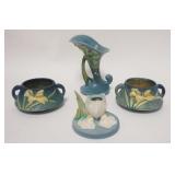 1269	4 PIECES OF ROSEVILLE POTTERY, INCLUDES BUSHBERRY CORNUCOPIA VASE, TWO ZEPHYR LILLY SUGARS & ON