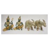 1280	ASIAN LOT W/ 2 SIAMESE MUSICIANS & A PAIR OF POTTERY WATER BUFFALOS. TALLEST ARE 5 1/4 IN 