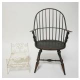 1281	2 PIECES OF DOLL FURNITURE; WINDSOR CHAIR & IRON BED. CHAIR IS SIGNED RIVERBEND CHAIR CO. WESTC