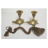 1284	ASIAN LOT W/ FINELY CARVED LADLE W/ DRAGON HANDLE & A PAIR OF BRASS TURTLE CANDLESTICKS STAMPED