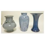 1295	LOT OF 3 BLUE ART POTTERY VASES TALLEST IS 9 3/4 IN 