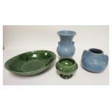 1297	4 PIECES OF MCCOY POTTERY, SMALL BLUE VASE HAS SMALL INNER RIM CHIPS. TALLEST IS 8 1/4 IN 