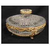 1300	ETCHED DIVIDED COVERED CANDY BOWL IN AN ORNATE METAL FRAME. 7 1/4 IN DIAMETER 