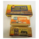 1112	AMERICAN FLYER TRAIN 3 PIECE LOT, PIGGY BACK UNLOADER, DRUM LOADING CONVEYOR, & COAL UNLOADER