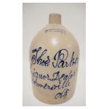 1002	3 GALLON BLUE SCRIPT JUG, SOMERVILLE NJ, THOS PARKER LICQUOR DEALER, MADE BY CONNOLLY & PALMER,