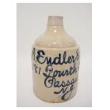 1008	BLUE SCRIPT SHOULDER JUG, A ENDLER & CO, 180 FOURTH ST PASSAIC NJ, HAS RIM CHIP & 2 SHOULDER CH