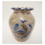 1009	INCISED STONEWARE VASE W/BLUE & BROWN DECORATION, BIRD ON A BOUGH, RUFFLED TOP ACCENTED IN BLUE