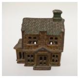 1019	HOUSE STILL BANK, GREEN & GOLD DECORATION, CAST IRON, 2 3/4 IN WIDE X 3 1/8 IN HIGH