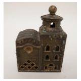 1020	BUILDING W/TOWER STILL BANK, GOLD DECORATION, CAST IRON, 2 5/8 IN WIDE X 3 3/4 IN HIGH