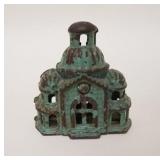 1022	SMALL *BANK* BUILDING BANK W/GREEN DECORATION, CAST IRON, 3 IN WIDE X 3 1/4 IN HIGH
