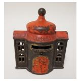1026	*PRESTO BANK* BUILDING STILL BANK, ALSO MARKED *PAT APD*, RED DECORATION, HAS SPRING BUTTON, CA