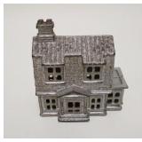 1028	HOUSE STILL BANK, SILVER DECORATION, CAST IRON, 4 IN WIDE X 4 1/4 IN HIGH