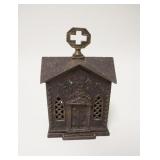 1030	*BANK 1882* STILL BANK, BRASS ORNAMENT SCREW TOP, CAST IRON, 4 1/8 IN WIDE X 6 1/4 IN HIGH