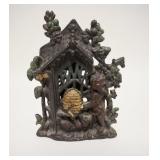 1032	BEARS & BEEHIVE *BANK* STILL BANK, PAINT DECORATED, CAST IRON, 4 1/4 IN WIDE X 5 1/2 IN HIGH
