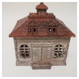 1033	LARGE BUILDING STILL BANK, RED & GRAY DECORATION, CAST IRON, 5 5/8 IN WIDE X 6 IN HIGH