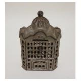 1035	BANK BUILDING STILL BANK, CAST IRON, 3 1/8 IN WIDE X 4 7/8 IN HIGH