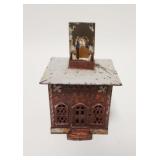 1043	*HALLS EXCELSIOR BANK*, TOP FLIPS UP & DOWN, RED & WHITE DECORATION, CAST IRON, 4 IN WIDE X 5 1