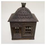 1045	*HOME SAVINGS BANK* STILL BANK W/DOG HEAD TOP SCREW, CAST IRON, 4 3/8 IN WIDE X 6 IN HIGH