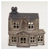 1055	HOUSE STILL BANK, SILVER & BLUE DECORATION, CAST IRON, 3 7/8 IN X 4 1/4 IN HIGH