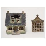 1058	2 CAST IRON STILL BANKS, HOUSE-PART OF THE ROOF MISSING & SMALL BUILDING-NO SCREWS, HOUSE IS 3 