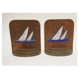 1063	ENAMELED COPPER & BRASS BOOKENDS, SAILBOATS, 5 1/8 IN WIDE X 6 IN HIGH