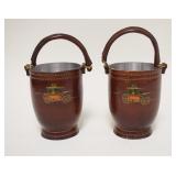 1066	NY LOYAL LEATHER COVERED FIRE BUCKET ASHTRAYS W/OLD FIRE WAGON DECORATION, ALUMINUM LINERS, 5 1