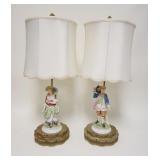 1075	PAIR OF FIGURAL PORCELAIN LAMPS W/PIERCED BRASS BASES, HAVE CLOTH SHADES & ORIGINAL FINIALS, CO